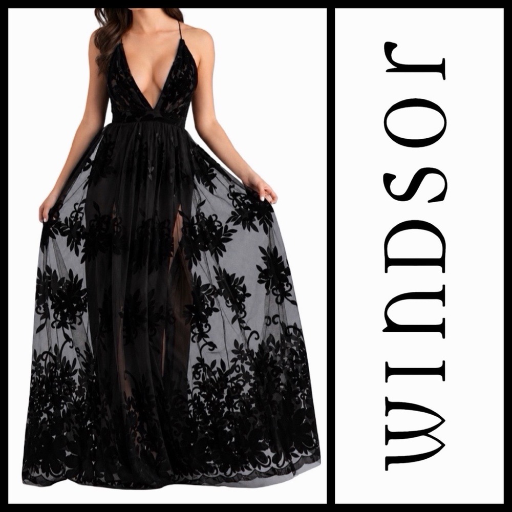 Windsor Morgan Flocked Velvet Maxi Dress XL Black Formal Fairy Goth Dark Romance